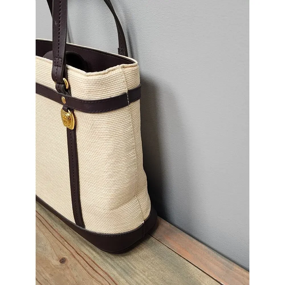 Vintage Etienne Aigner Brown Handbag Woven Basket fabric trim Leather Handbag